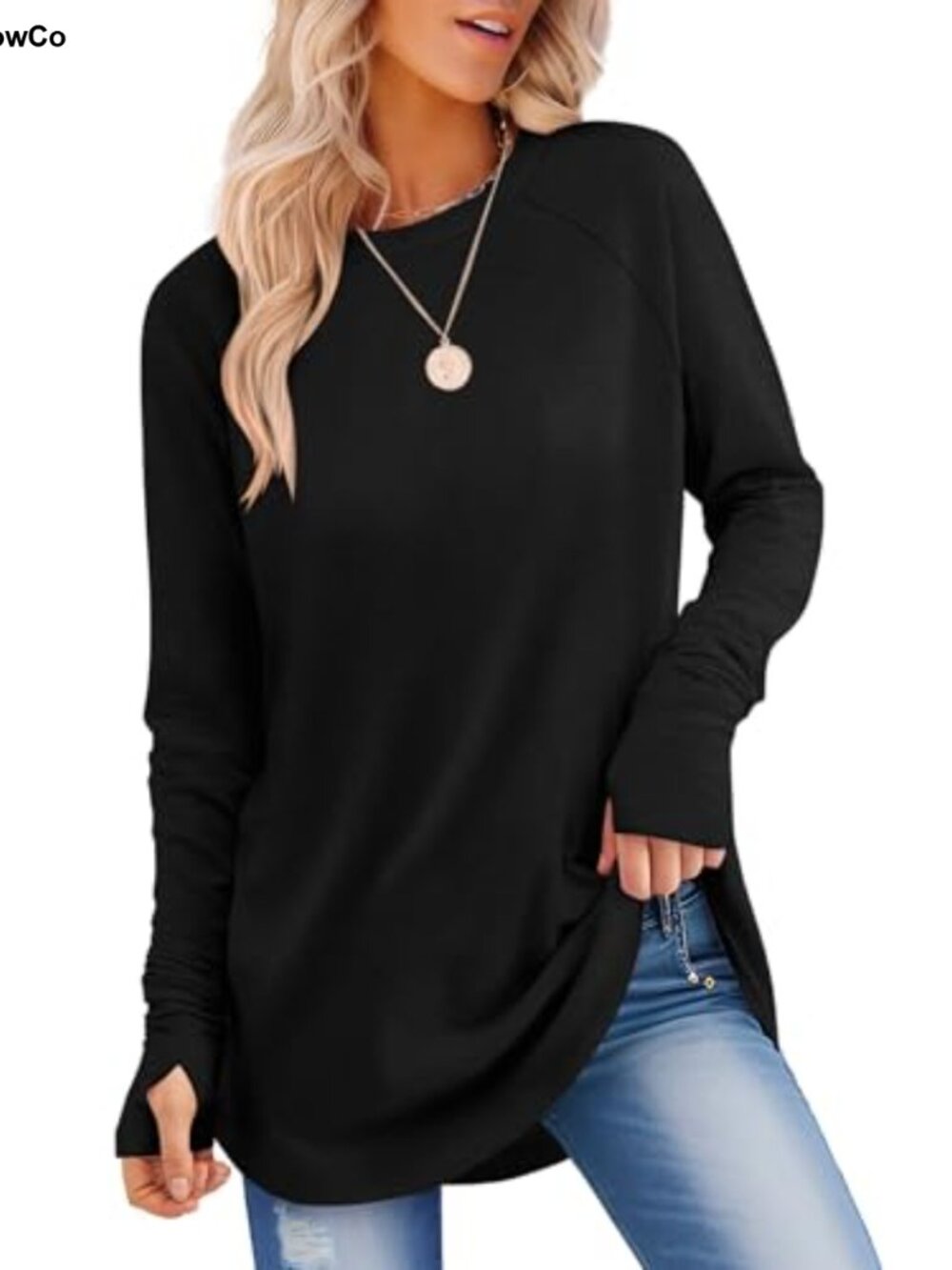 Womens Tunic Top Long Sleeve Thumb Hole Shirt Curved Hem
